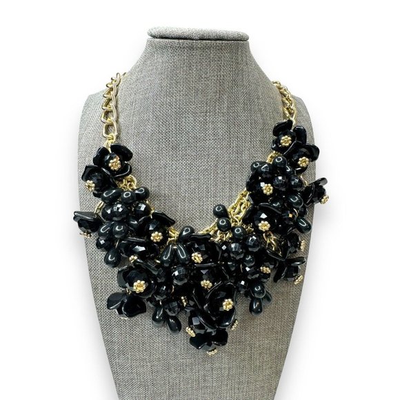 Talbots Jewelry - Talbots Black Acrylic Flower Cluster Goldtone Chunky Bib Necklace 18.5-21.5”